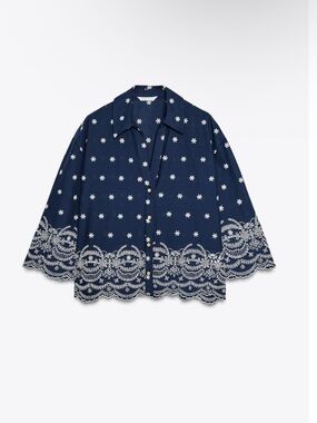 Zara Navy Button-Front Embroidered Eyelet Hem Shirt NWOT